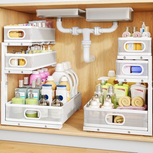 Under Sink Organizer 3-Tier Metal Pull-Out Shelf - White 2-Pack