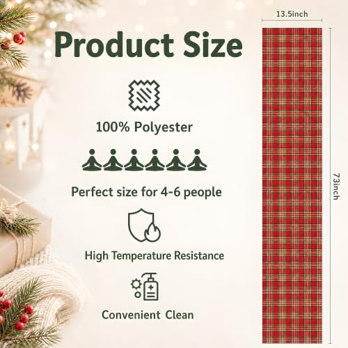 OHOME Christmas Plaid Red Table Runner - 13.8 x 73 in, 100% Polyester, Holiday Decor