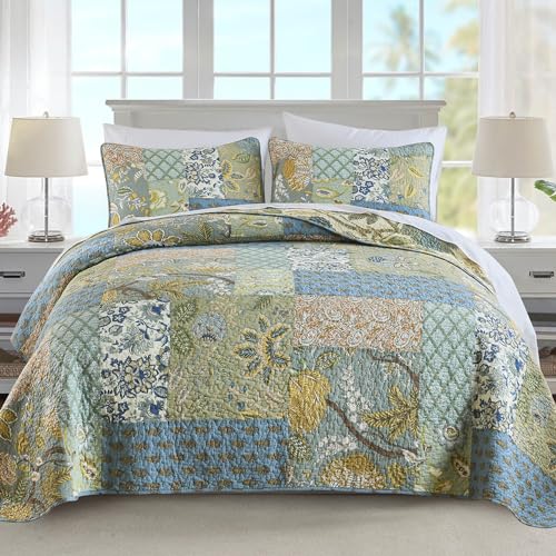Queen Size Bohemian Floral Cotton Quilt Set with Pillow Shams - Reversible Bedspread for All Seasons, Soft Lightweight Patchwork Bedding by NEWLAKE