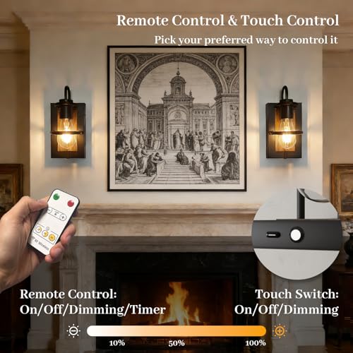 Wireless Battery Operated Wall Sconce Set of 2 with Remote Touch Control - Black Walnut, 3000K, Dimmable, Rechargeable, Magnetic Mount
