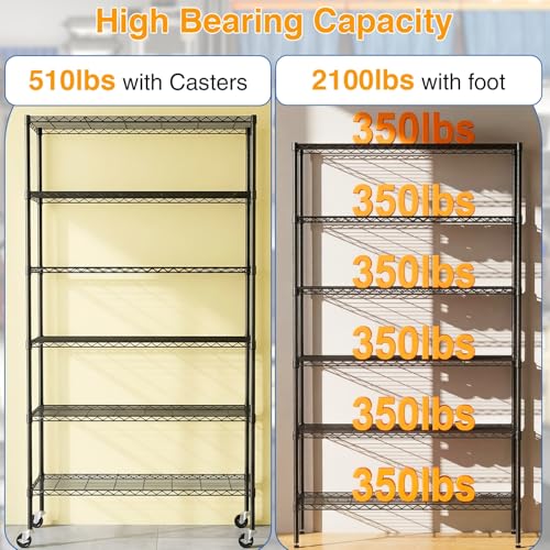 18x45x82-Inch 6-Tier Wire Shelving Unit with Locking Casters - Black