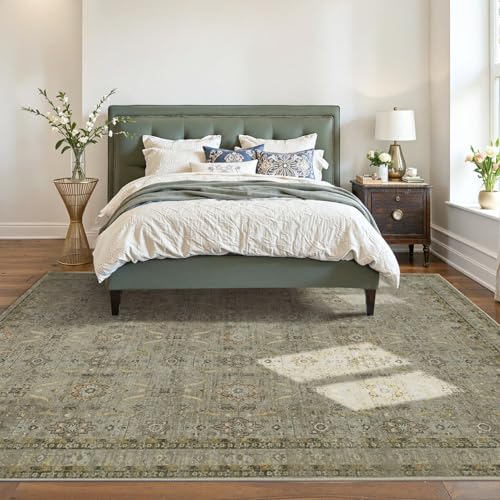 Rugxara 6x9 Olive Green Washable Area Rug Vintage Boho Floral Geometric Pattern