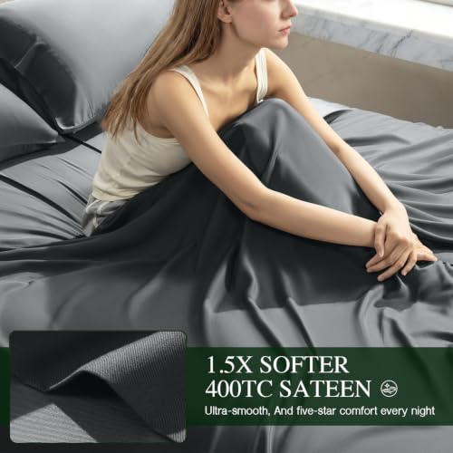 Queen Organic Bamboo Viscose Bed Sheets Set with Deep Side Pockets - Dark Grey, 16" Fit