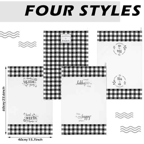 Honoson 4 Pcs Christmas Kitchen Dish Towels Farmhouse Hand Tea Towels Absorbent Quick Dry Dish Cloths Polyester Cleaning Cloth for Christmas Home Gifts Kitchen Supplies(White and Black,Plaid Style)