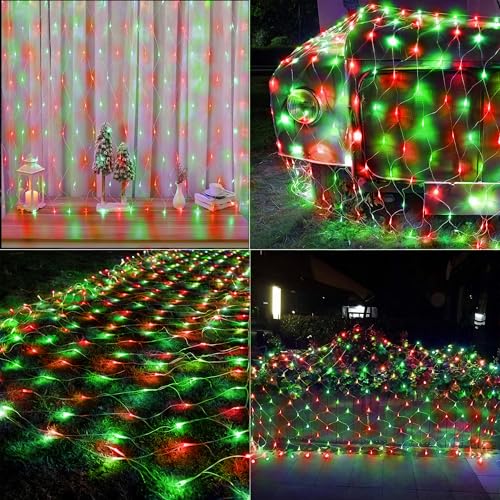 LYHOPE 12ft x 5ft 360 LED Christmas Net Lights - Red & Green, 8 Modes, 30V Low Voltage, IP44 Waterproof
