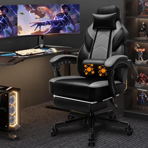 Shintenchi Gaming Chair with Footrest & Massage Lumbar Support - Grey