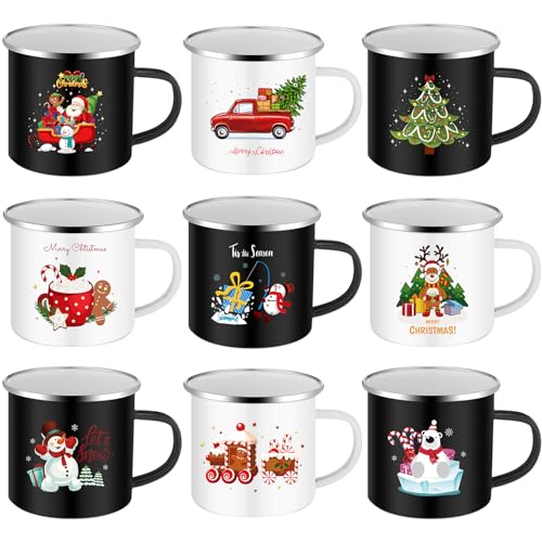 Christmas Enamel Mugs Set 12oz Black & White Coffee Cups - 9 Pack