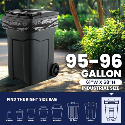 Heavy Duty Black Garbage Bags 95-96 Gallon Pack of 50 - 1.5 Mil Thick Trash Liners