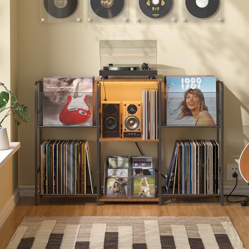 Record Player Stand with Power Outlet & LED Light, Vinyl Storage, Turntable Shelf