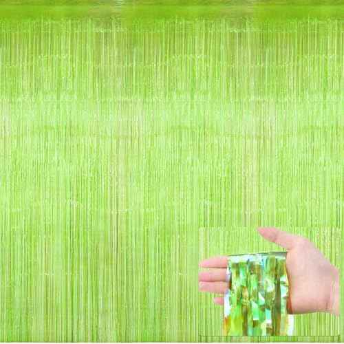 1 Pcs Lime Green Party Decorations 3.28 x 8.2 ft Neon Green Streamers Foil Fringe Metallic Tinsel Backdrop Curtains for Birthday Bachelorette Christmas Disco 80s Neon Party Decorations