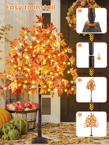 MapleTree 2Pack 5FT Artificial Fall Trees with LED Lights, Outdoor/Indoor Decor