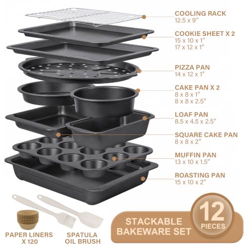 HONGBAKE Dark Gray 12-Piece Bakeware Set with Nonstick Pans & Muffin Liners