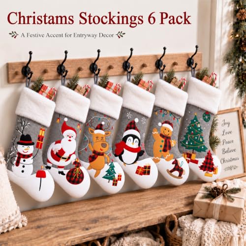 CARAKNOTS 6-Pack Grey Christmas Stockings Set of 20 Inches Burlap with Faux Fur Cuff - Holiday Home Decor