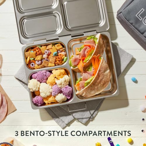 PlanetBox Launch Stainless Steel Lunchbox Replacement - 3 Compartments, Brushed Finish, Recycled Bento Container