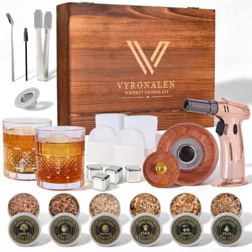 VYRONALEN Natural Whiskey Smoker Kit with Triple-Flame Torch & Glasses - Home Bar Set