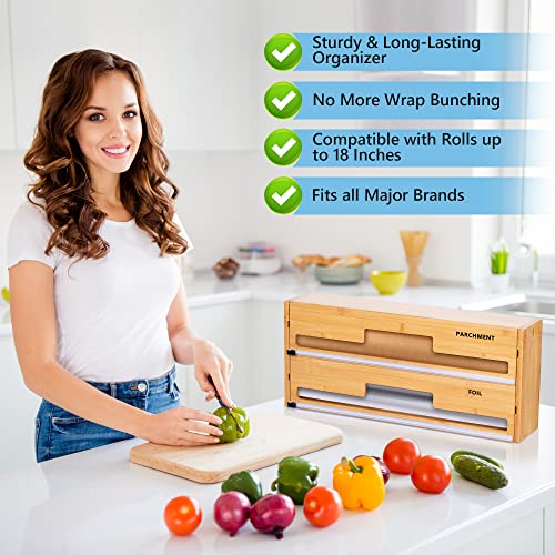18 Inch Bamboo Foil & Wrap Dispenser with Cutter - Kitchen Organizer