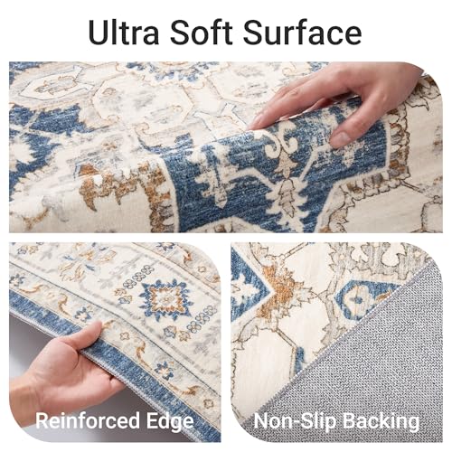 Blue 8x10 Washable Non-Slip Area Rug for Living Room