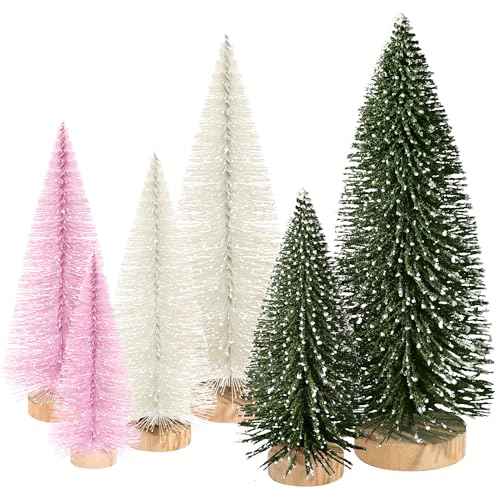 6pcs Mini Christmas Trees Christmas Decor, Artificial Christmas Mini Bottle Brush Trees Tabletop, Christmas Decoration Trees with 4 Size Xmas Holiday Decor (6pcs Green+Pink+Beige)