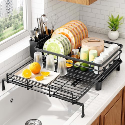 Black Expandable Dish Drying Rack for Kitchen Counter and Sink - Rust-Resistant Metal