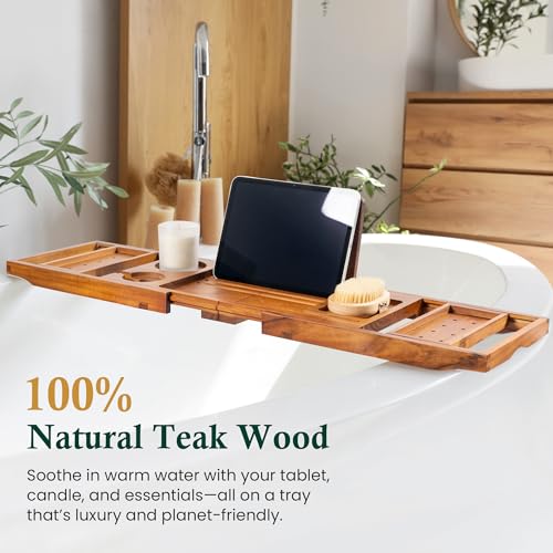 Adjustable Teak Bathtub Caddy Tray with Removable Side Trays - Classic Teak Finish