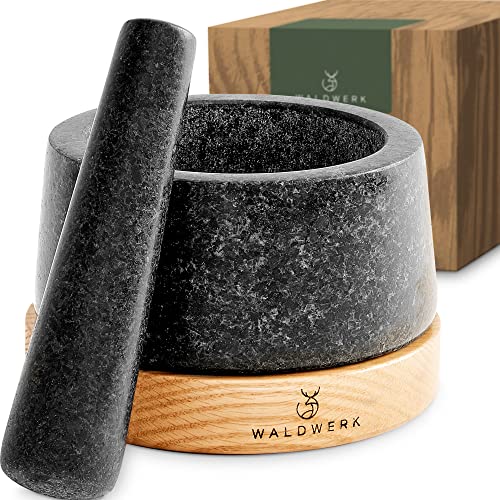 WALDWERK Oak Wood & Natural Granite Mortar and Pestle Set 6.1 Inch - Large Kitchen Grinder for Guacamole