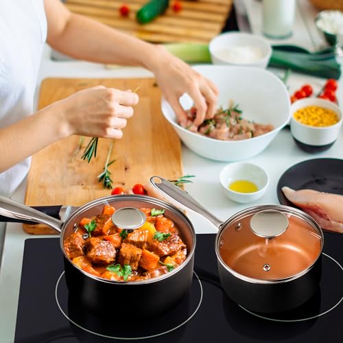Nonstick Saucepan Set of 3 1-2-3 Qt Ceramic Copper Cookware with Lids - Michelangelo