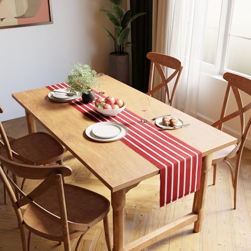 Encasa XO 13x98 Red Striped Yarn Dyed Ribbed Cotton Table Runner