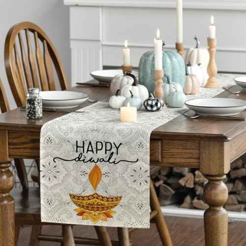Artoid Mode Happy Diwali Table Runner, Festival of Light Marigold Holiday Kitchen Dining Table Decoration for Indoor Outdoor Home Party Decor 13x90 Inch