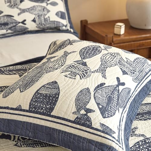 Navy Fish Cotton Quilt Set with Shams - King, Coastal Nautical Bedding