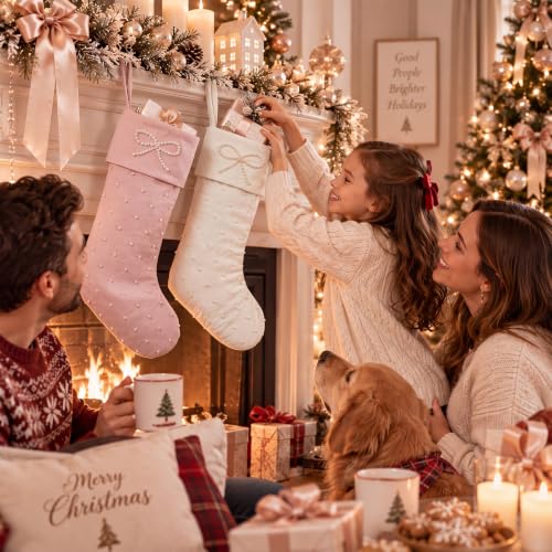 2 Pack 23 Inch Christmas Stockings with Hand-sewn Pearls, Elegant Bow