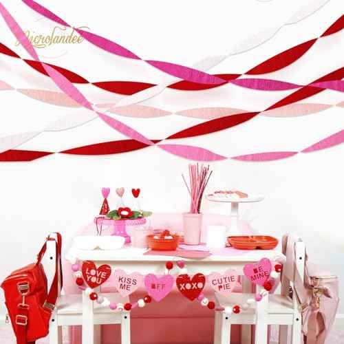 NICROLANDEE 5 Rolls Pink Red White Crepe Paper Streamers for Wedding, Birthday, Valentine's Day Decorations, Bachelorette, Bridal Baby Shower, Backdrop or Photo Booth
