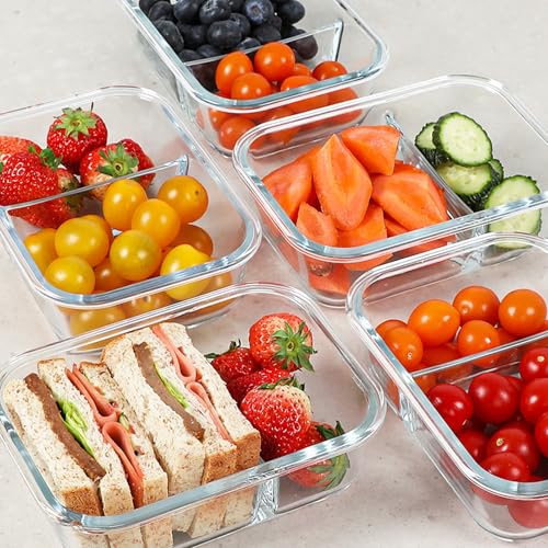 KOMUEE Gray 2-Compartment Glass Meal Prep Containers 30 oz 5 Pack