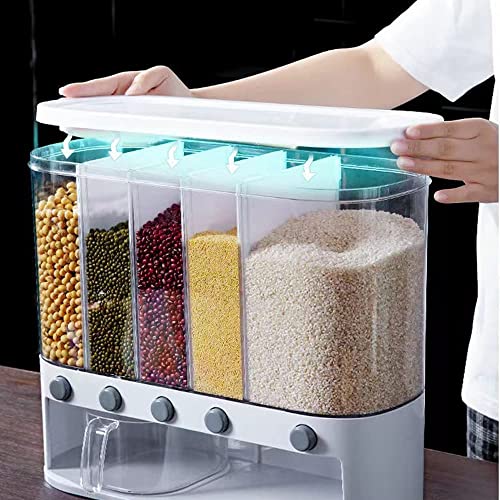Xilei Wall-Mounted 5-Grid Dry Food Dispenser A2, 25lb Grain Storage with Measuring Cup