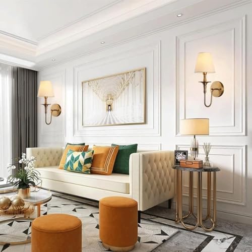 Vintage Gold Wall Sconce Set of 2 with White Fabric Shades - E26/E27 Fixture for Living Room, Hallway, Bedroom