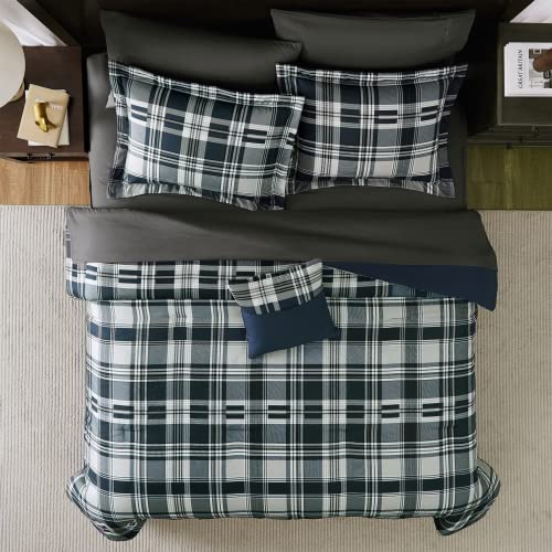MaiRêve Navy Blue Queen Plaid Comforter Set 7 Pieces Bed in a Bag