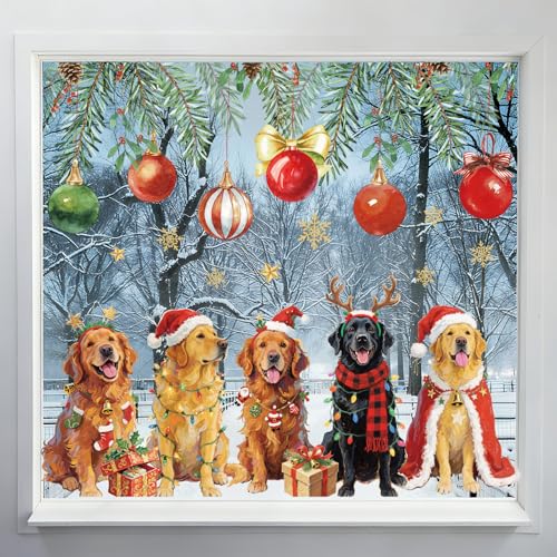 Christmas Window Clings Xmas Puppy Theme Reusable Window Decals for Holiday Home School Office Glass Decor, 2 Sheets