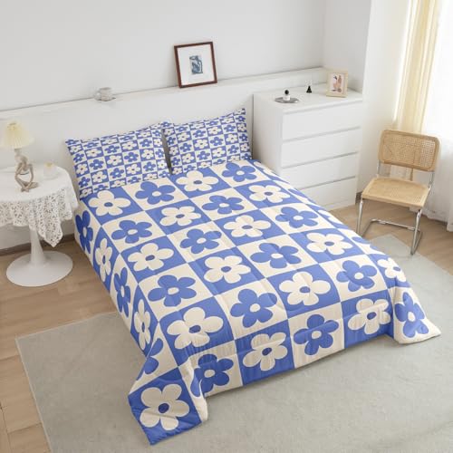 Castle Fairy King Size Bedding Comforter Set Multi 05 — Blue Cream Floral Plaid, 2 Pillowcases