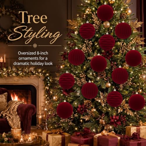 Hollowfly Burgundy Red Velvet Christmas Balls Set 6 Large 4 Inch Ornaments