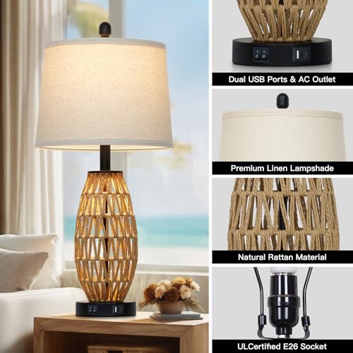CINSARY 27-Inch Rattan Table Lamps Set of 2 - Boho Bedside & Living Room Decor with USB Charging Ports