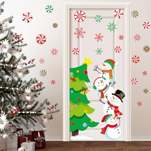 JarThenaAMCS Christmas Door Stickers Snowman Xmas Tree Wall Decals Holiday Decor 2 Rolls