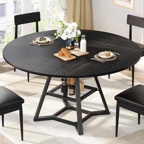 Black 51-Inch Round Dining Table with Pedestal & Storage Shelf - Space Saving Industrial Kitchen & Dining Room Furniture