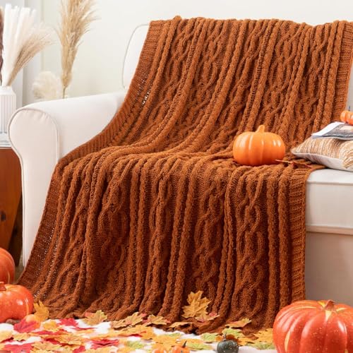 Battilo Caramel Rust Orange Throw Blanket for Couch 51x67 Cable Knit Chenille