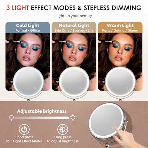 ZLOKLA 9-Inch Rechargeable Wall-Mounted Lighted Makeup Mirror 30X Magnification, Nickel Finish, 4000mAh Battery, Extendable Arm, Touch Dimmable Lights - Nickel