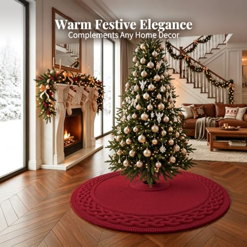 VOXOR Burgundy 60 Inch Knitted Christmas Tree Skirt with Bow Closure - Large Farmhouse Holiday Decor for 9-10 Feet Trees