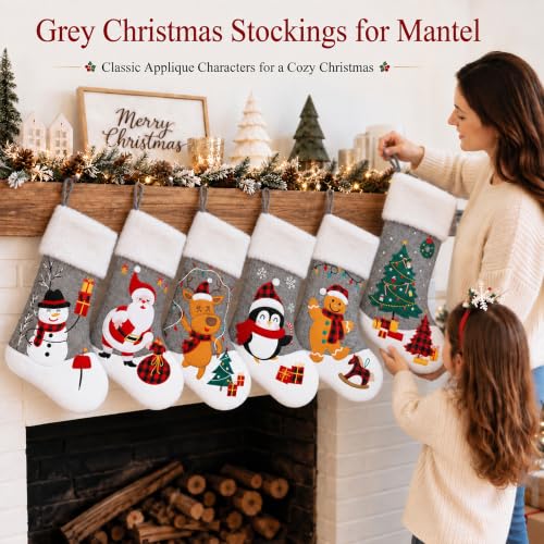 CARAKNOTS 6-Pack Grey Christmas Stockings Set of 20 Inches Burlap with Faux Fur Cuff - Holiday Home Decor