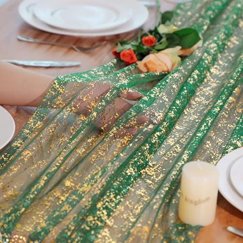 Green and Gold 10Ft Metallic Table Runner - Sheer Gauze Decor, Snowkingdom
