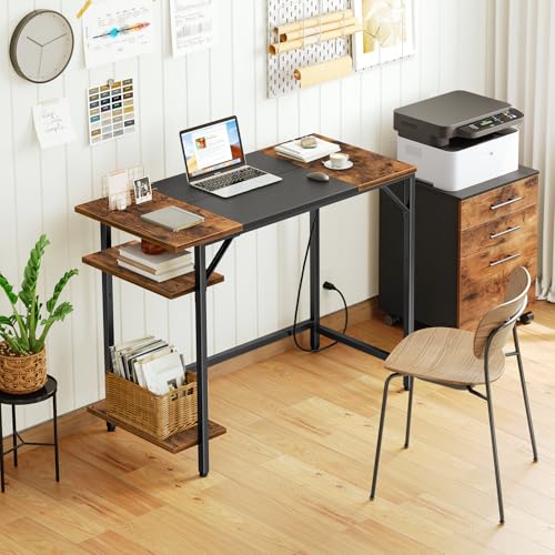 Small Computer Desk with Power Outlet & Shelves - Rustic Brown & Black, 35.4 Inch Modern Home Office Desk with Reversible Design