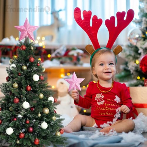 Framendino 2 Pack Glittered Mini Star Christmas Tree Topper Treetop - Pink & Blue
