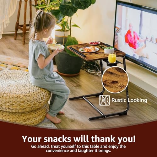 NUTIKAS Rustic Folding Adjustable TV Tray with Cup Holder - Wooden Snack Table for Couch, Bed, Living Room, 1 Pack