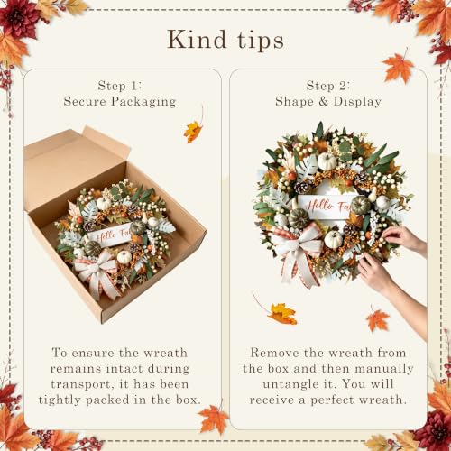 24-Inch Fall Wreath with Lights & Timer for Front Door - Farmhouse Decor